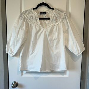 Pomander Place Tuckernuck Ruffle Poplin White Cotton Blouse Top Preppy